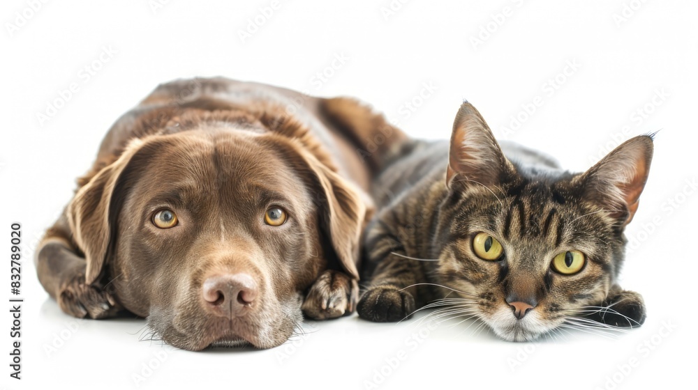 the dog and cat lie together. isolated on white background the dog and cat lie together. isolated on white background