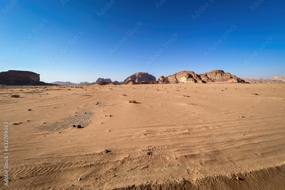 Scenic view of landscape at Wadi Rum desert in Jordan Scenic view of landscape at Wadi Rum desert in Jordan