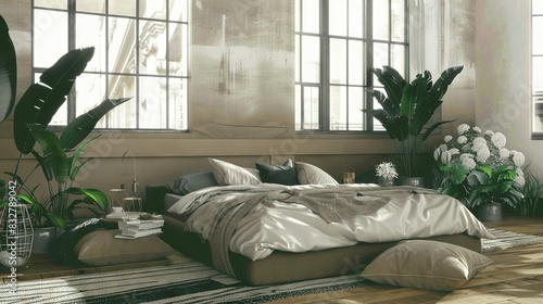   A spacious mattress rests beside two vibrant potted plants on a wooden base near the window photo