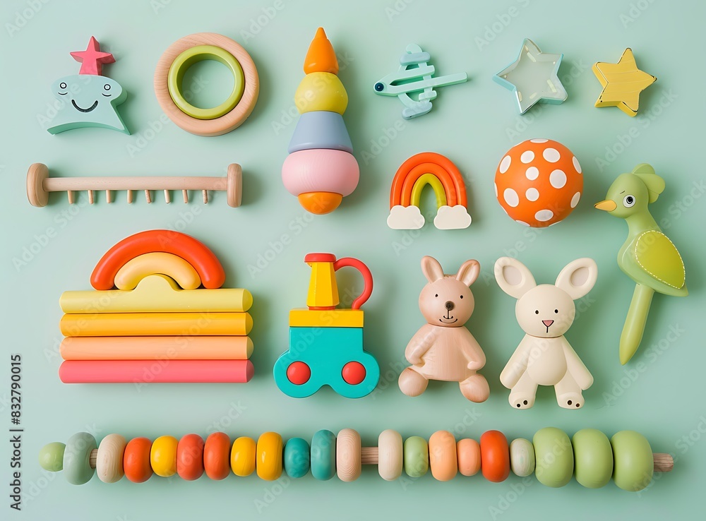 Obraz premium Baby toys set on pastel green background, wooden colorfull educational toy for baby development and play with child