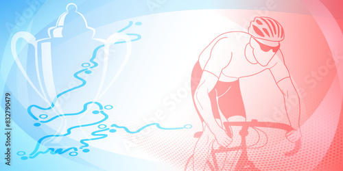 Cycling themed background in the colors of the national flag of France, with sport symbols such as an athlete cyclist, cup and a bike race route, as well as abstract curves and dots