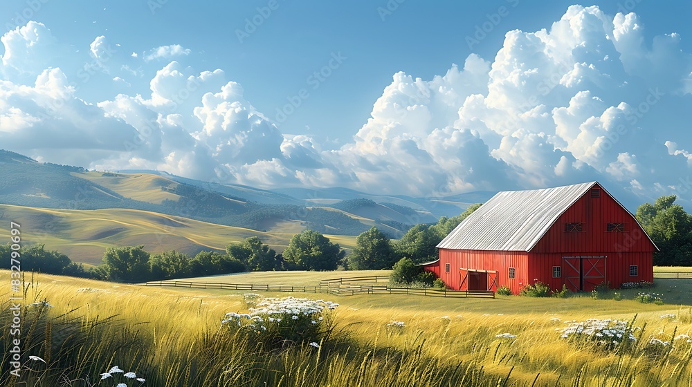 digital painting of a picturesque rural farm with a red barn and rolling hills in the background digital painting of a picturesque rural farm with a red barn and rolling hills in the background