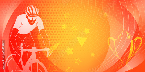 Cycling themed background in the colors of the national flag of Spain, with sport symbols such as an athlete cyclist and a cup, as well as abstract curves and dots