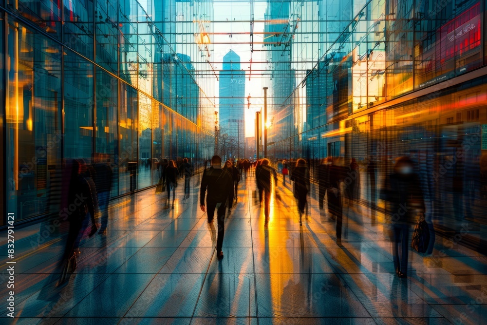 Fototapeta premium Modern mall office environment crowds of people going to work exposition groups of businesspeople in modern tech park business advancements meeting sun shining through huge windows architectural park