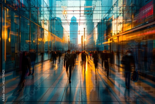 Modern mall office environment crowds of people going to work exposition groups of businesspeople in modern tech park business advancements meeting sun shining through huge windows architectural park