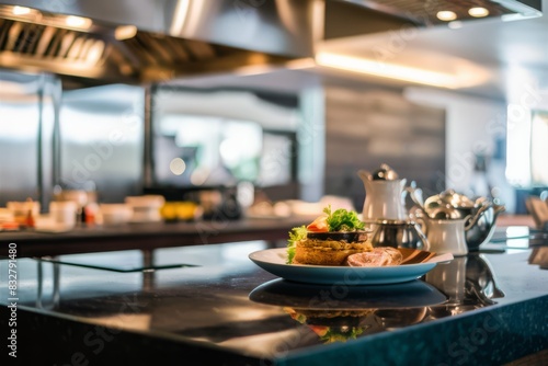 A plate of a meal on top of the counter in an industrial kitchen  AI