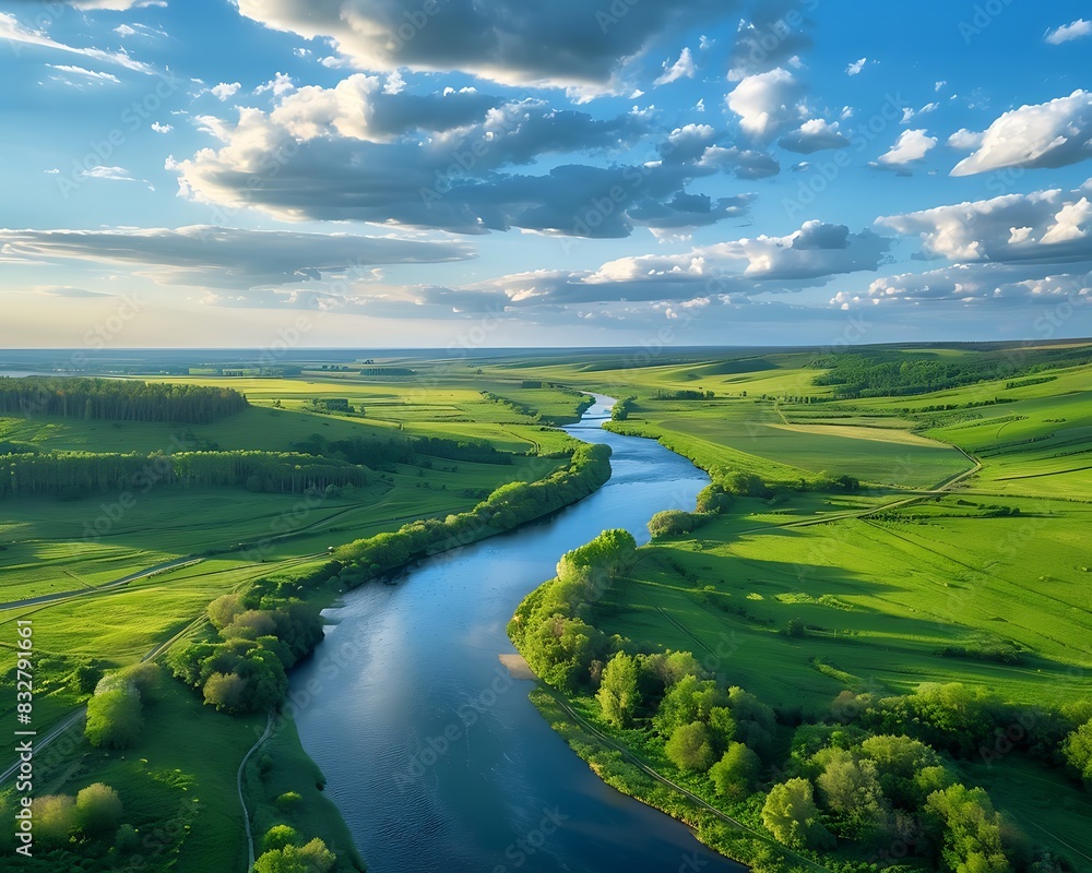 Fototapeta premium Beautiful aerial view of green fields, a river and blue sky with clouds on a sunny day in spring or summer season at sunset time