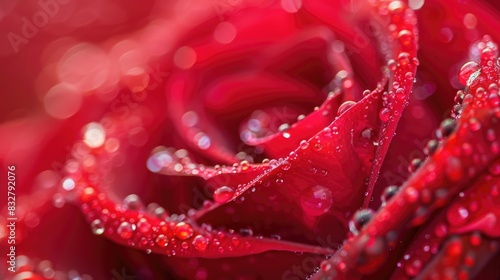 Close up of a red rose with a dew drop on a petal A representation of love for designing Valentine s Day cards