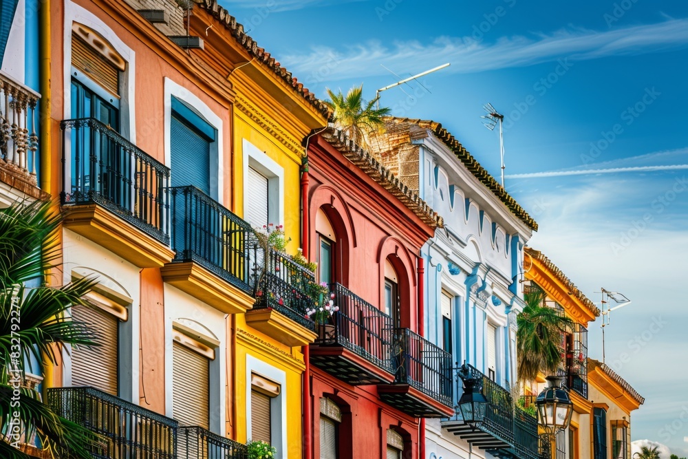 Fototapeta premium Tourist destination colorful city candy buildings South America architecture old houses palms art home exterior facade town streets historic exploration warm tropical county tourism aesthetic