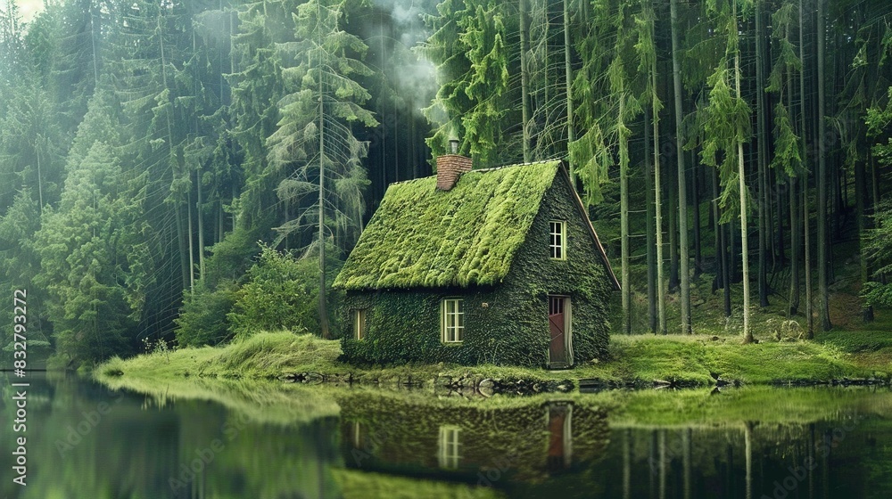   A house with a green roof rests amidst a dense forest and serene water, with the lush greenery of the background visible in the distance