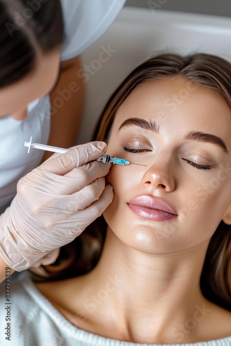 Cosmetologist administers botox to woman s face with blurred background  copy space available
