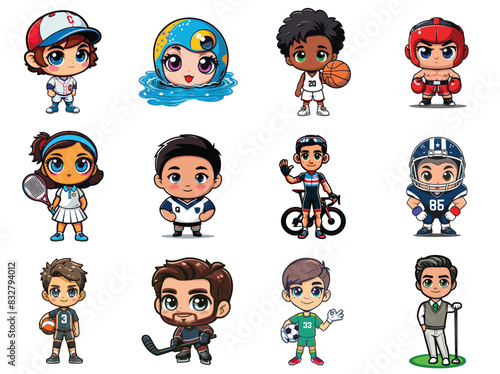 Vector Illustration of 12 Elegant Cartoon Athletes Representing Sports