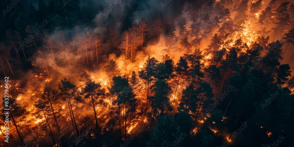 Intense forest wildfire at night engulfs dense woodland, creating an eerie landscape with glowing orange flames and dark smoky sky. Intense forest wildfire at night engulfs dense woodland, creating an eerie landscape with glowing orange flames and dark smoky sky.