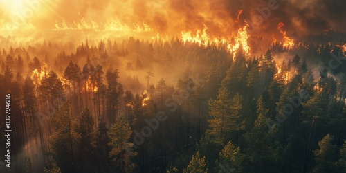 Dramatic forest fire under an orange sky with flames spreading rapidly through a dense woodland  evoking urgency  destruction and environmental crisis.