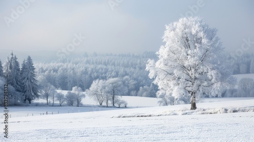 Snow covered meadows and trees in a winter landscape