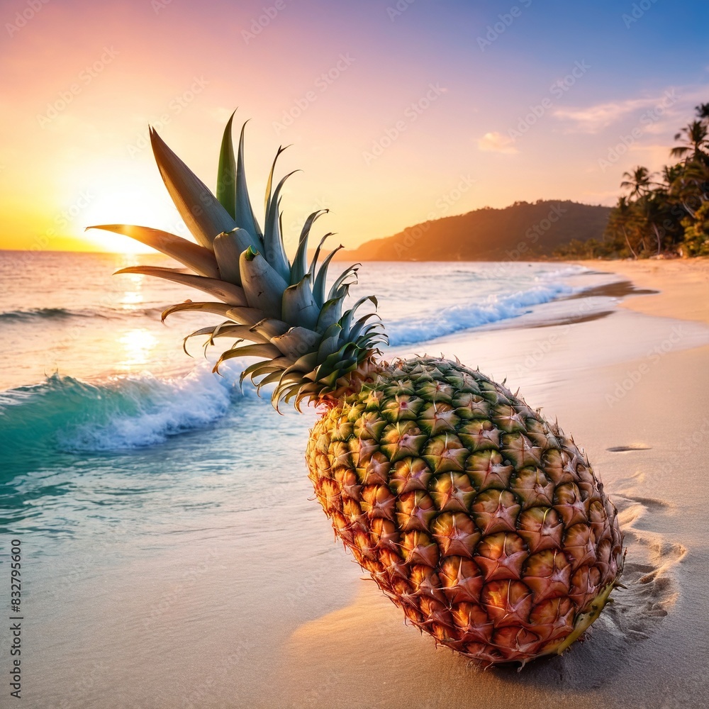 Pineapple on exotic sand beach at sunrise or sunset sea background. Pineapple on exotic sand beach at sunrise or sunset sea background.
