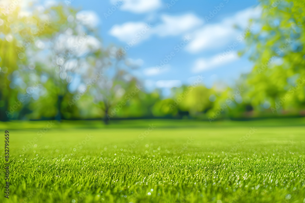 Beautiful blurred background image of spring nature with a neatly trimmed lawn surrounded by trees against a blue sky with clouds on a bright sunny day.