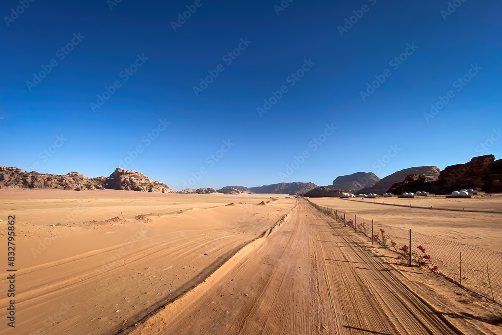Scenic view of landscape at Wadi Rum desert in Jordan in the morning Scenic view of landscape at Wadi Rum desert in Jordan in the morning