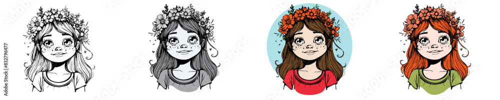 Enchanting Freckled Girl with Floral Wreath Vector Illustrations, Cute Freckled Girl with Floral Enchanting Freckled Girl with Floral Wreath Vector Illustrations, Cute Freckled Girl with Floral