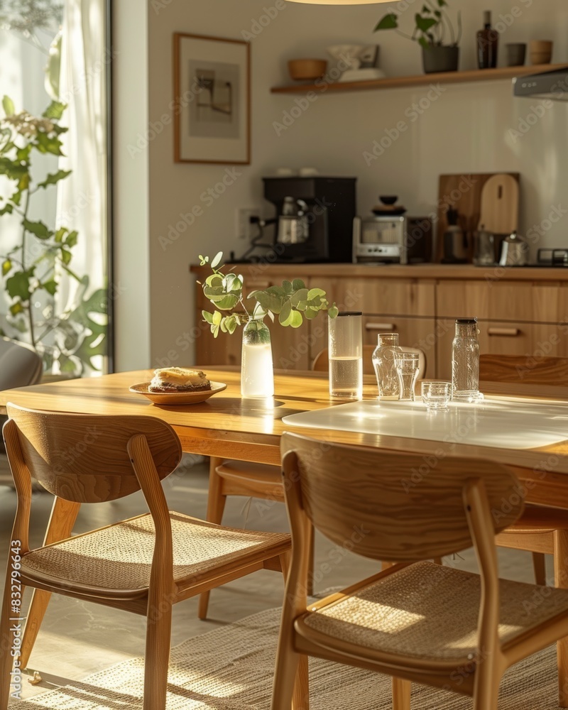Cozy sunlit dining room with wooden furniture. A cozy dining room with sunlit wooden furniture, featuring a table, chairs, and a few plants on the table. Cozy sunlit dining room with wooden furniture. A cozy dining room with sunlit wooden furniture, featuring a table, chairs, and a few plants on the table.