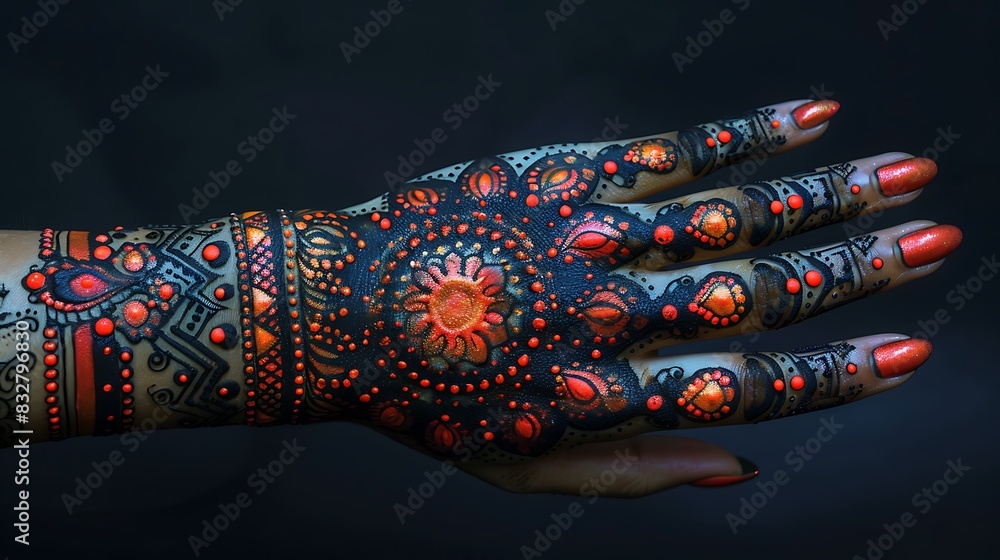Mehndi design a hand with geometric shapes and dots Mehndi design a hand with geometric shapes and dots