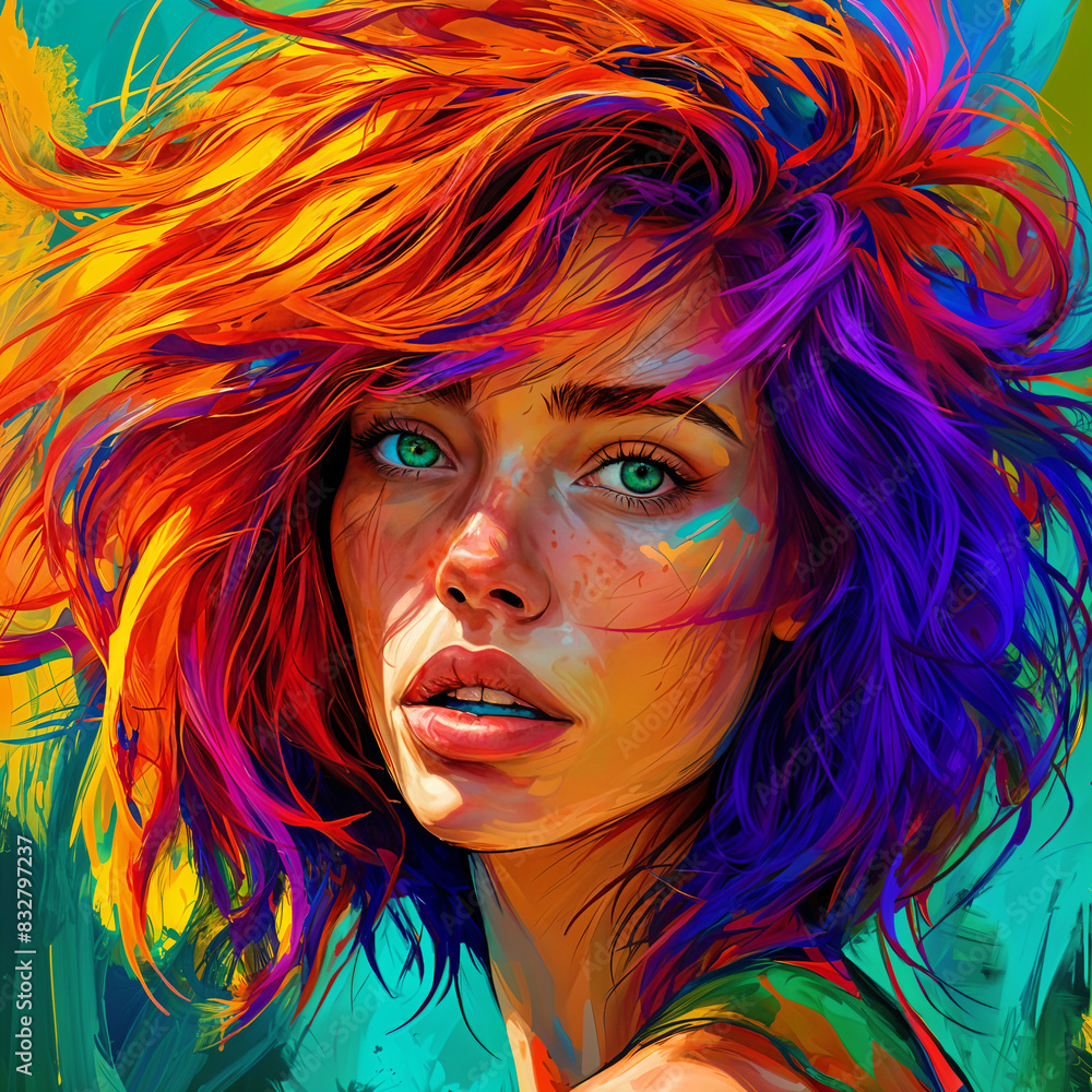 Obraz premium A vibrant and colorful portrait of a woman with striking blue eyes, her hair is a mix of red and purple hues, and she has a thoughtful expression on her face.