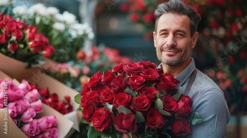 Male florist creating beautiful bouquet in flower shop, close up