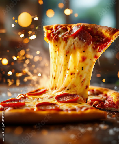 a piece of pizza slice, exploding ingredients and melting cheese
