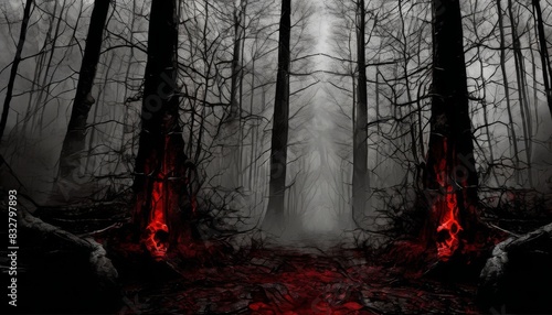 A shadowy forest path lit by an ominous red glow under a foggy, surreal atmosphere, with bare trees lining the way.. AI Generation