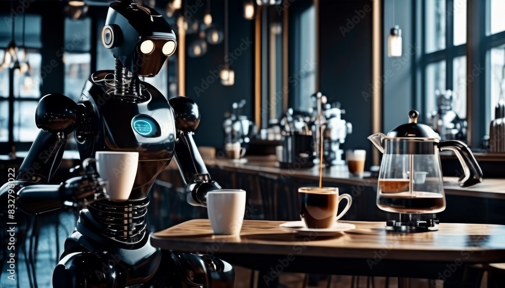 A robot barista serves coffee in a chic cafe, illustrating how robots can enhance customer service in modern settings.. AI Generation