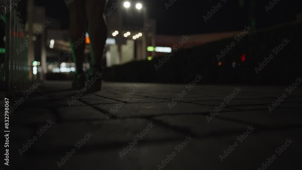 View from Below of a Woman's Legs in a Skirt Walking Through the Night City in High Heels. View from Below of a Woman's Legs in a Skirt Walking Through the Night City in High Heels.