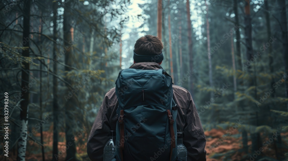 A man explores the forest while traveling