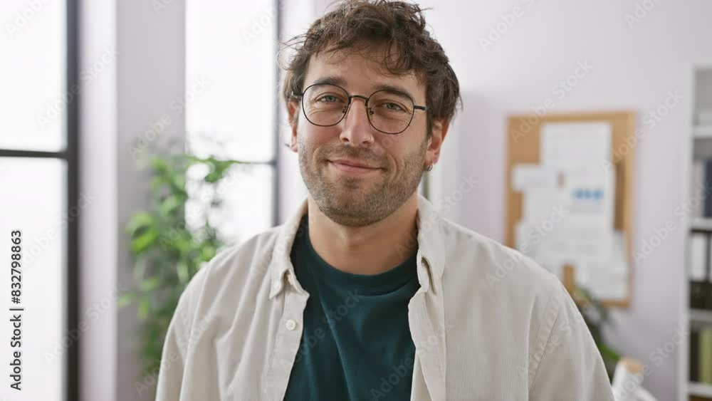 Portrait of a cheerful young hispanic man wearing glasses and casual clothing in a bright office interior Portrait of a cheerful young hispanic man wearing glasses and casual clothing in a bright office interior