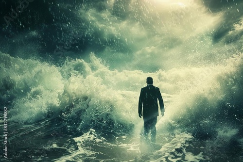 businessman emerging from stormy sea financial crisis metaphor dramatic digital art