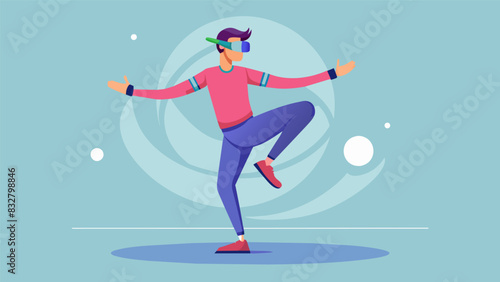 A virtual reality dance game designed to help individuals with chronic foot pain improve balance and flexibility.. Vector illustration