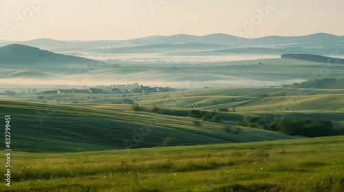 Scenic winding path through a field of green grass in the morning. Beautiful natural image.