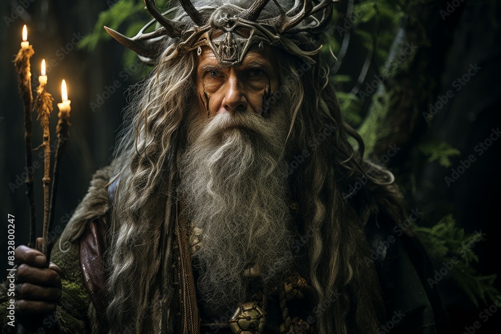 Obraz premium A wise and ancient druid, attuned to nature and capable of transforming into beasts. - Generative AI