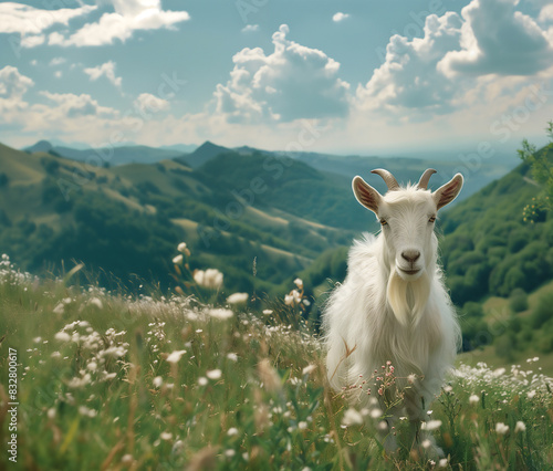 A white goat stands in a meadow in the mountains.