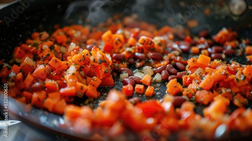 Cooking a mixture of carrots garlic and beans in tomato sauce in a pan with a close up view