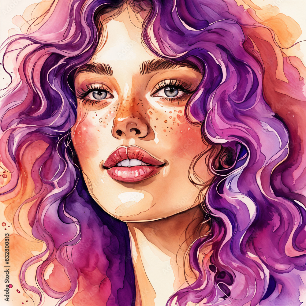 Obraz premium A woman with long, wavy purple hair and striking blue eyes. She has a soft expression and her lips are slightly parted. Her skin appears to be fair, and she has freckles on her cheeks.
