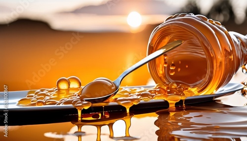 Honey elegantly drizzling from a tipped jar with a spoon resting on its side, against a warm sunset backdrop.. AI Generation