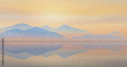 Watercolor paper texture  Abstract background  sea sunset. mountains reflected in water