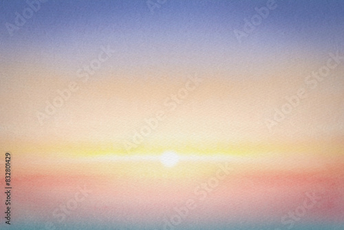 Abstract background, watercolor paper texture, sea sunset. The sun is above the horizon.