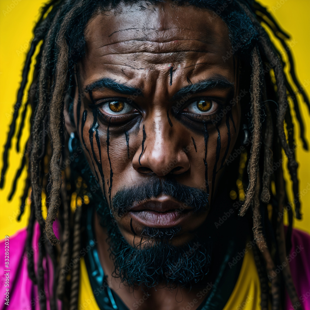 A portrait of a man with dreadlocks, wearing black paint on face and a yellow shirt. A portrait of a man with dreadlocks, wearing black paint on face and a yellow shirt.