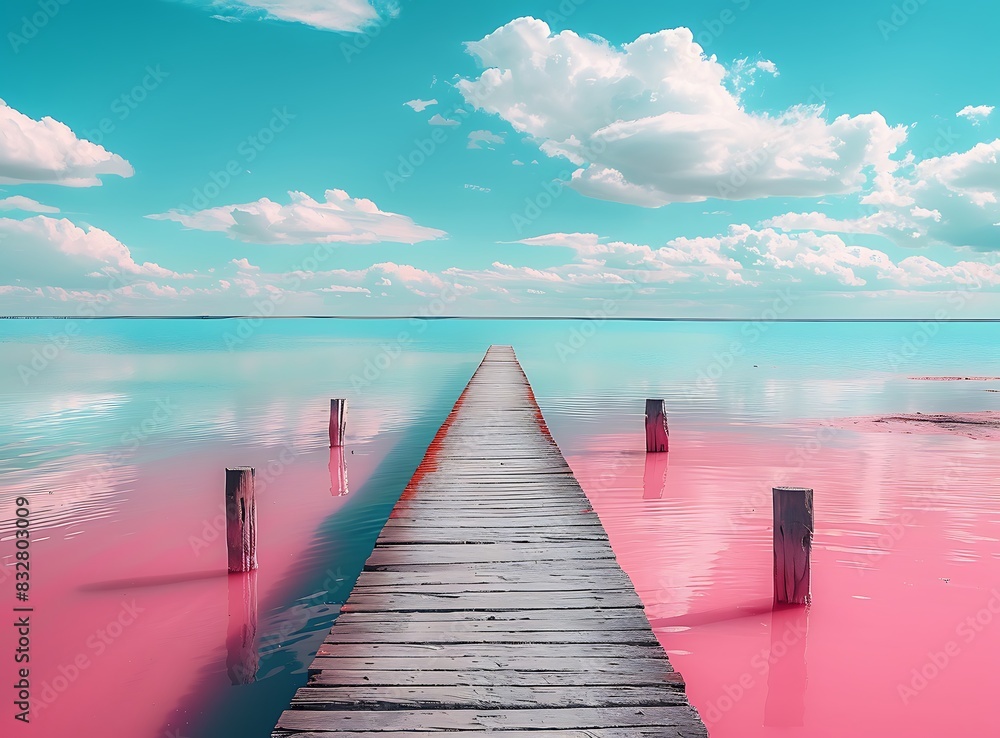 Fototapeta premium Beautiful pink salt lake with a wooden bridge and blue sky