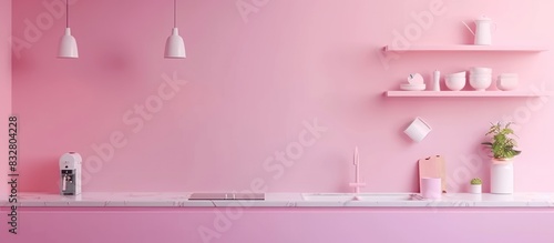 Pink kitchen backdrop with built-in furniture. photo