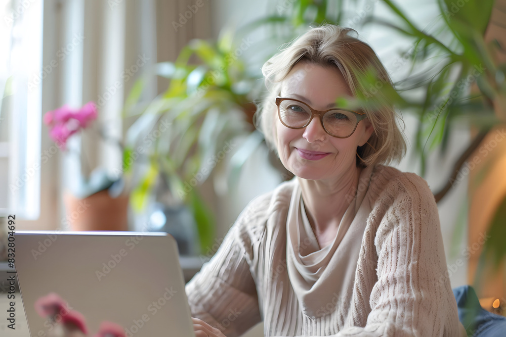 casual professional good-looking woman in her thirties using a laptop and smiling softly casual professional good-looking woman in her thirties using a laptop and smiling softly