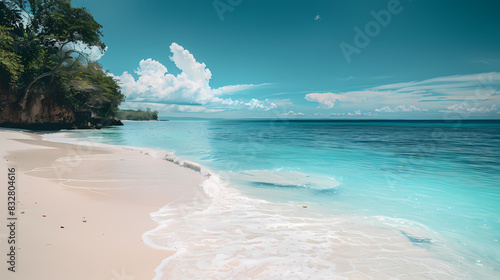 A beautiful beach with a clear blue ocean and a rocky mountain in the background photo
