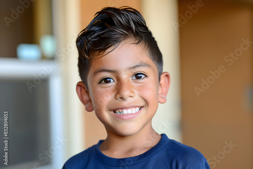 A young boy, approximately nine years old, stands smiling broadly. He has short, dark brown hair that is neatly trimmed and slightly tousled. His brown eyes are bright and lively, reflecting his cheer