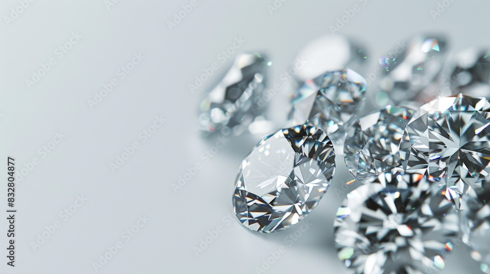 Brilliant cut diamonds scattered casually on a grey reflective surface, showcasing their luxurious sparkle and timeless elegance Brilliant cut diamonds scattered casually on a grey reflective surface, showcasing their luxurious sparkle and timeless elegance